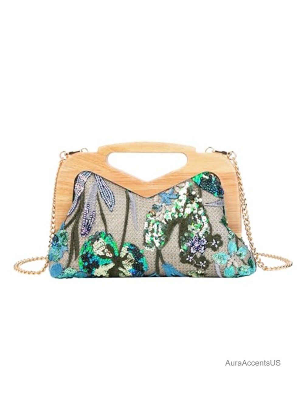 Wooden Handle Sequin Embroidered Floral Evening Bag Detachable Strap Wedding